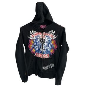VTG Y2K Blac Label Hoodie Punk Goth Emo Cyber Red Spine Skater Zip-Up | Size: S